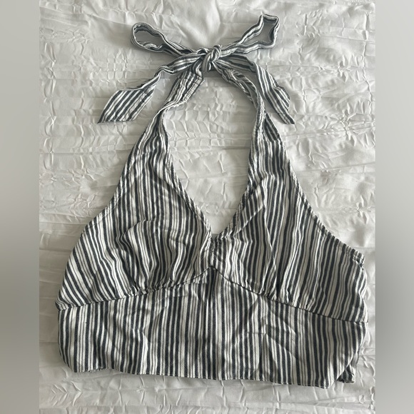 White & Navy Striped American Eagle Cropped Halter Top Size M NWOT - Picture 1 of 2